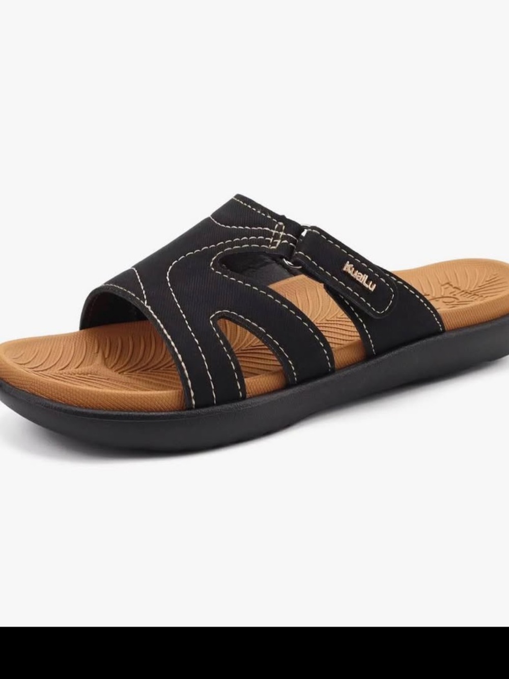 Women's BRAND NEW IN PACKAGE Black Slide Sandals with Tan Footbed by KuruLu